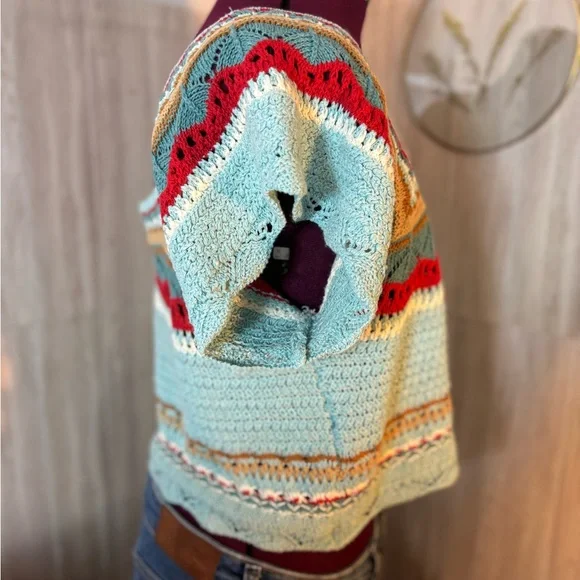 POL Light Blue Green Crochet Stripe Crop Top with Red & Tan Accents - Picture 6 of 8